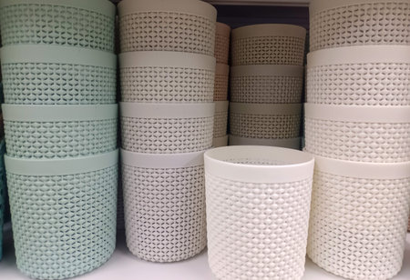 Plastic Waste Baskets Arranged Neatly On A Shelf