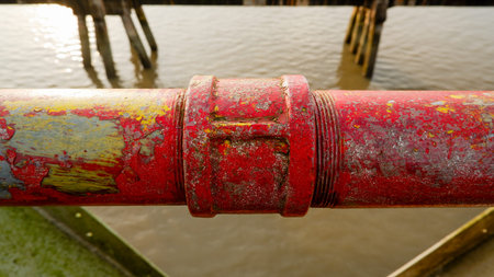 A Water Pipe Connection Macade Of Iron, Which Is Attached To A Steel Bridge