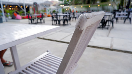 One Of The White Visitor Chairs, At The Warunk Millennial Cafe, Pangkalpinang, Indonesiaの写真素材