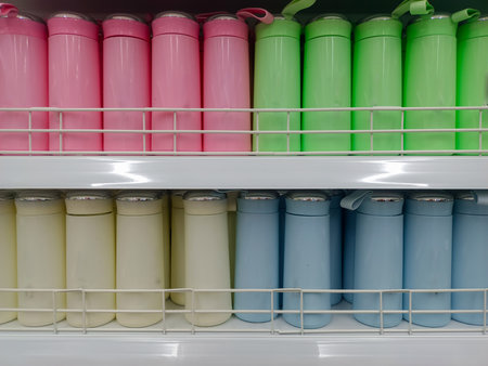 An Arrangement Of Thermos Containers Of Drinking Water With Bright Colors, Arranged On A Minimarket Shelfの写真素材