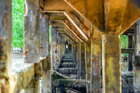 A stunning view beneath the old, decaying pier, showing rows of rusty, barnacle-covered pylons, creating a dramatic symmetrical tunnel effect.の写真素材