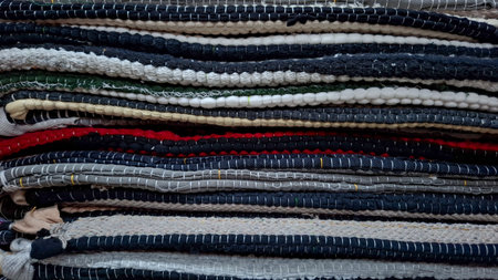 Close-up shot of a thick stack of colorful rag rugs (chindi), featuring a rich variety of horizontally striped colors including pink, green, orange, navy blue, and white.の写真素材