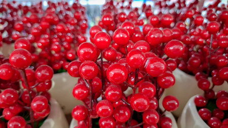 Full Frame Repetitive Pattern of Red Holiday Berry Decorationsの写真素材
