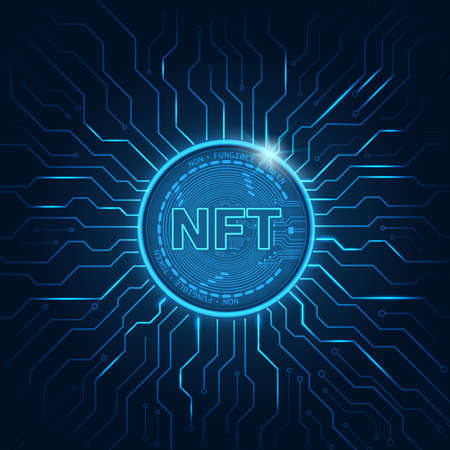 Non fungible token NFT.Technology background with circuit.NFT logo dark blue.Crypto currency concept.のイラスト素材