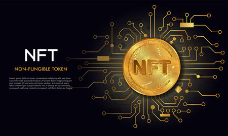 Non fungible token NFT.Technology background with circuit.NFT logo.Crypto currency concept.のイラスト素材