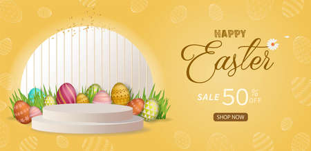 Happy Easter.3D eggs with defferents texture elements and colorful.rabbit bunny ear.のイラスト素材