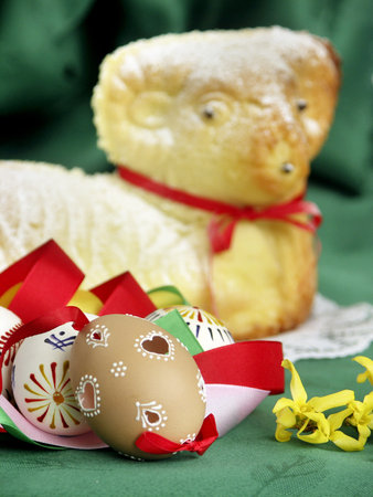 Easter - still-life with painted eggs and sweet lamb