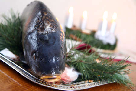 Czech tradition - carp on Christmas tableの写真素材