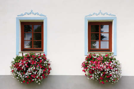 close-up two wood old windows with flowersの写真素材