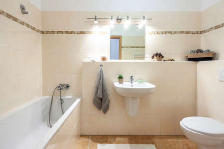 modern bathroom in the apartment. A glass shower door.の写真素材