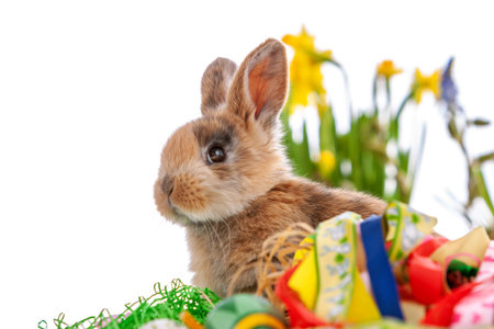 Cute dwarf rabbit with Easter motif on a white background.