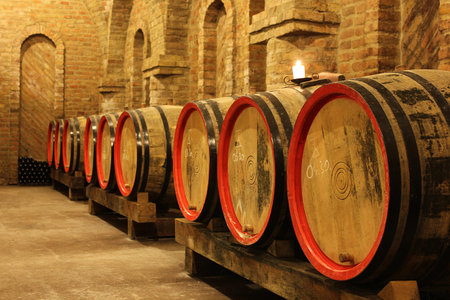 wine barrels and bottles in a vineyard cellar Csopak, Balaton, Hungary, Europe