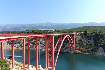 modern steel structure red Maslenica Bridge Croatiaの写真素材