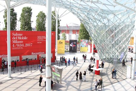 MILAN, ITALY - APR 8, 2017: Entrance of Salone del Mobile, the largest international furniture and accessories exhibition.のeditorial素材