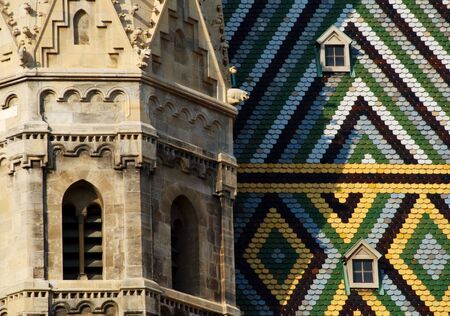 Colorful tiles on the roof of St Stephen's Cathedral, Vienna, Austriaの写真素材
