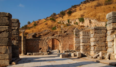 An ancient road in the city of Ephesus, Turkey, lined with stone columns