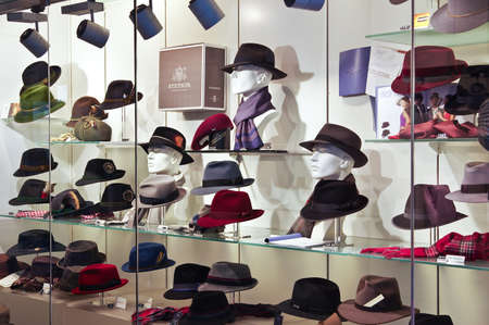 Collection of hats in a shop windowのeditorial素材