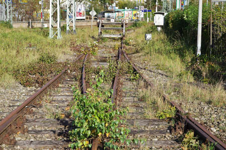 Old abandoned  rusty railway tracks with grass overgrownのeditorial素材