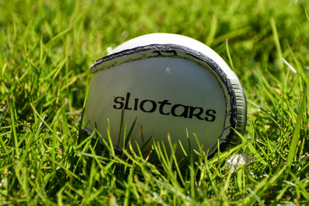 Irish Hurling or Camogie sliotar ball on a grass playing field