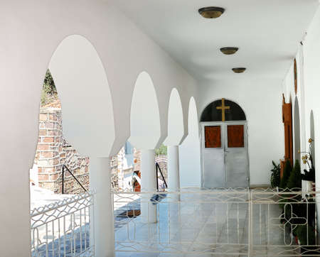 The Greek Orthodox monastery in Mitilinii, Lesvos, which is being rebuilt or renovated.vivid summer coloursの写真素材
