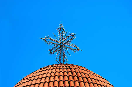 The Greek Orthodox monastery in Mitilinii, Lesvos, which is being rebuilt or renovated.vivid summer coloursの写真素材