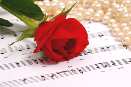 red silky rose with musical notesの写真素材
