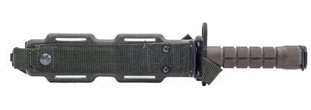 Dark green of military knife in pocket isolated white