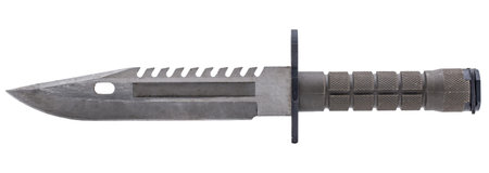 Dark green of military knife in pocket isolated white