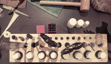 top view Leather Workbench nobody wood setの写真素材
