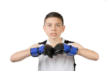 Young Caucasian Teenage Boxer Boy Isolated Against White Backgroundの写真素材