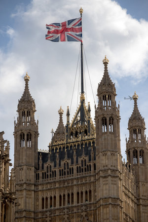 London, 28th September 2017:- The Union Flag flying at the Palace of Westminster, home to the...