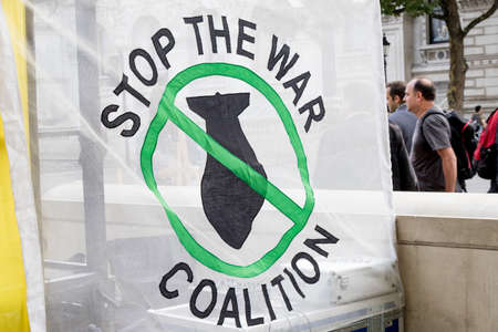 London, 28th September 2017:- Protesters gather in Whitehall, opposite Downing Street, to protest the growing tensions between North Korea and the USAのeditorial素材
