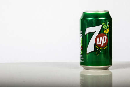 London, 24th October 2017:- A can of 7up against a white backgroundのeditorial素材