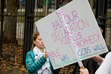 4th November 2017, London, United Kingdom:- Pro Palestine placards at a rally against the 1917 Balfour declarationのeditorial素材