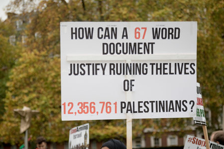 4th November 2017, London, United Kingdom:- Pro Palestine placards at a rally against the 1917 Balfour declarationのeditorial素材