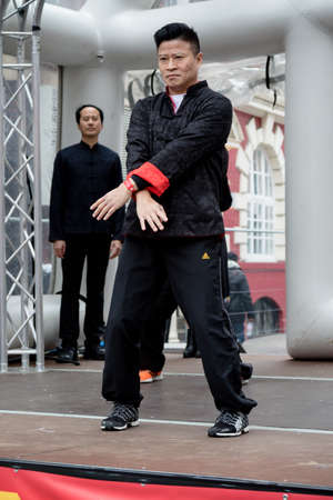 London, United Kingdom, 18th Febuary 2018:- Martial art demonstrations as part of the festivities to celebrate Chinese New Year in London's Chinatown area and surrounding streets, for the year of the dog 2018のeditorial素材