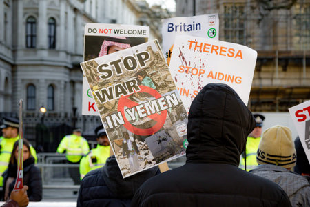 Downing Street, London, United Kingdom, 07th March 2018:- Protesters gather outside Downing Street...