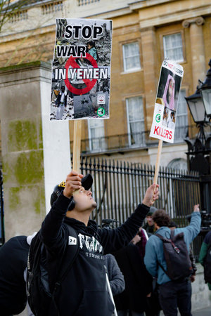 Downing Street, London, United Kingdom, 07th March 2018:- Protesters gather outside Downing Street...