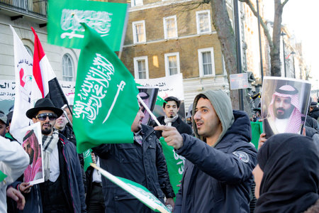 Downing Street, London, United Kingdom, 07th March 2018:- Pro Saudi Arabia protesters counter...