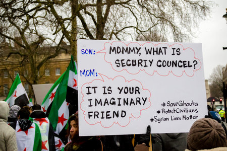 London, United Kingdom, 17th March 2018:- Anti Syrian President Assad protesters march in central...
