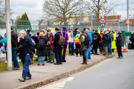 Aldermaston, United Kingdom, 1st April 2018:- CND protesters gather outside the main gate to the AWE where Britainâs nuclear warheads are made, on the 60th anniversary of the first CND march in 1958のeditorial素材