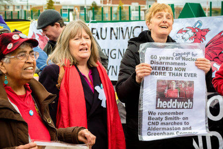 Aldermaston, United Kingdom, 1st April 2018:- CND protesters gather outside the main gate to the AWE...