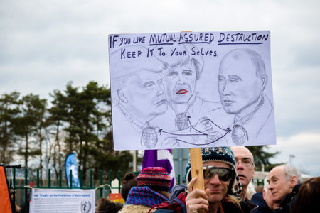 Aldermaston, United Kingdom, 1st April 2018:- CND protesters gather outside the main gate to the AWE...