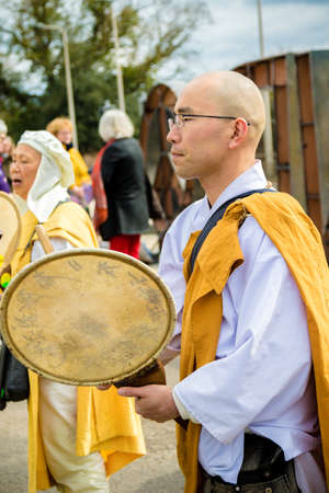 Aldermaston, United Kingdom, 1st April 2018:- CND protesters gather outside the main gate to the AWE where Britainâs nuclear warheads are made, on the 60th anniversary of the first CND march in 1958のeditorial素材