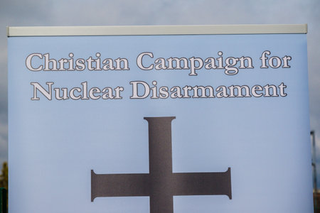 Aldermaston, United Kingdom, 1st April 2018:- CND protesters gather outside the main gate to the AWE...