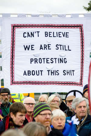 Aldermaston, United Kingdom, 1st April 2018:- CND protesters gather outside the main gate to the AWE...