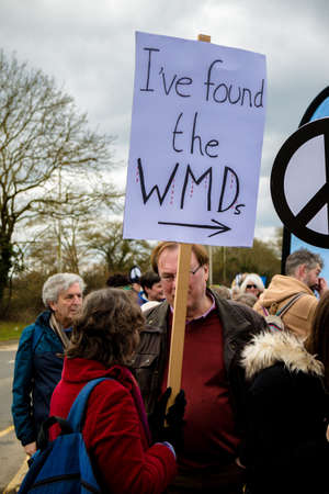 Aldermaston, United Kingdom, 1st April 2018:- CND protesters gather outside the main gate to the AWE where Britainâs nuclear warheads are made, on the 60th anniversary of the first CND march in 1958のeditorial素材