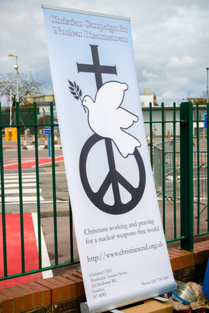 Aldermaston, United Kingdom, 1st April 2018:- CND protesters gather outside the main gate to the AWE where Britainâs nuclear warheads are made, on the 60th anniversary of the first CND march in 1958のeditorial素材
