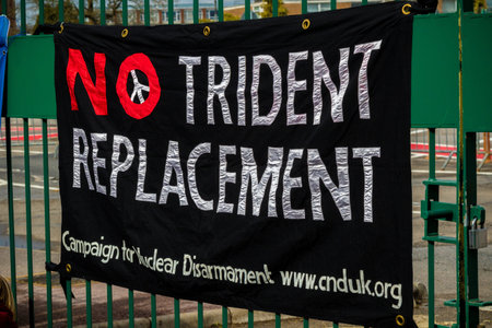Aldermaston, United Kingdom, 1st April 2018:- CND protesters gather outside the main gate to the AWE...