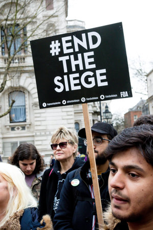 London, United Kingdom, 7st April 2018:- Protesters gather outside Downing Street in London to...